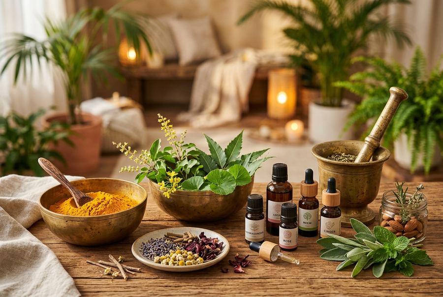 Ayurvedic herbs, spices and oils on a wooden table