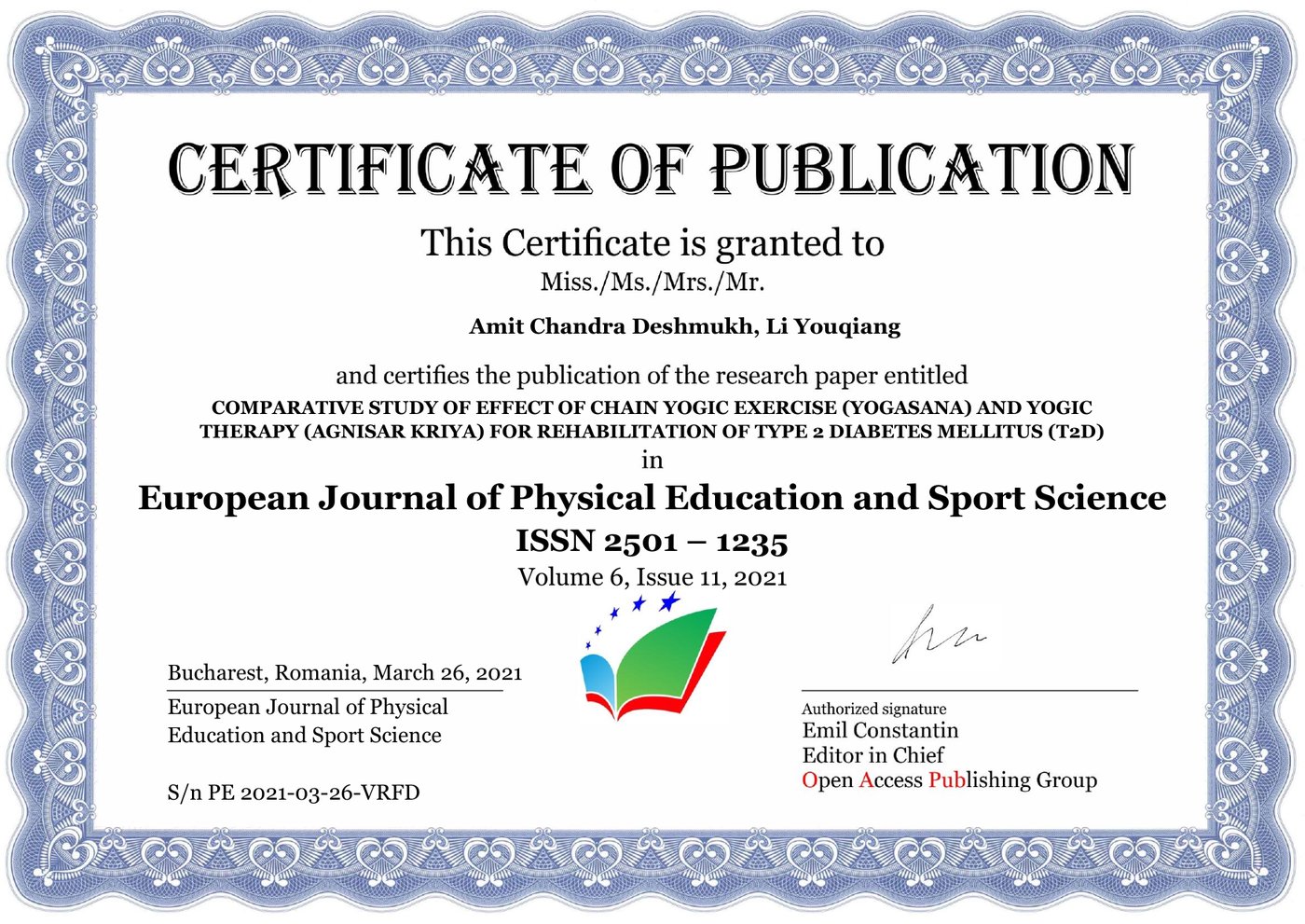 Certificate of Publication, European Journal of Physical Education and Sport Science, 2021