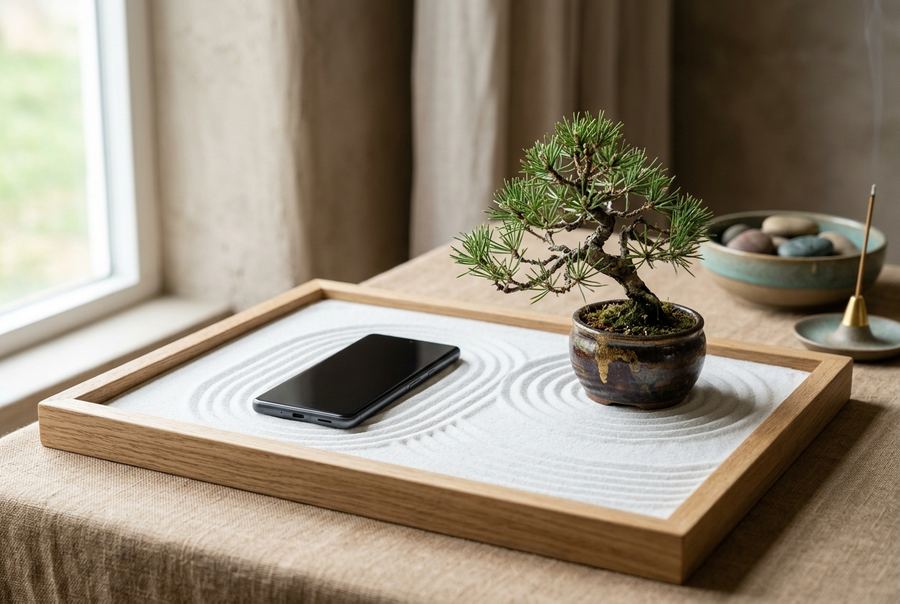 Phone set aside on a sand tray beside a bonsai — digital detox