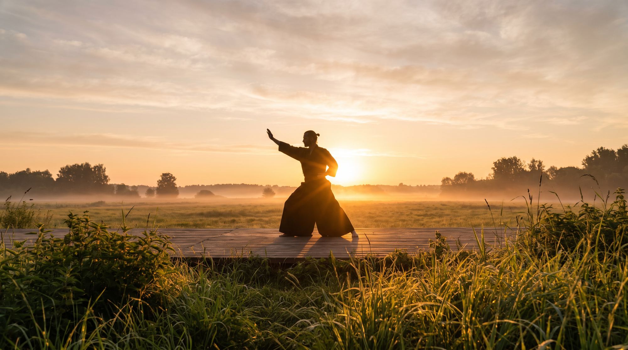 Silhouette practising a traditional movement form on a wooden deck at sunrise